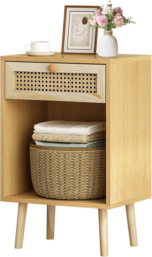 Natural Rattan Nightstand - Boho Night Stand with Drawer - 24 inch High Light Wood Bedside Table ... | Amazon (US)