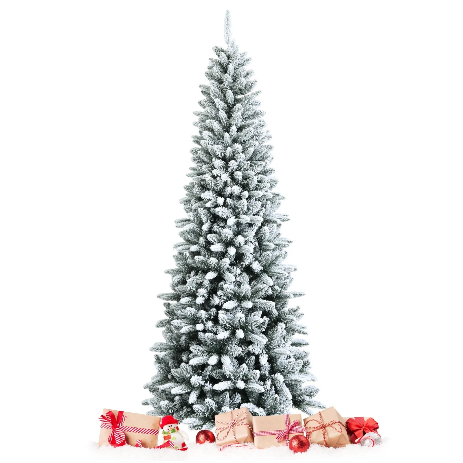 Topbuy 7.5FT Slim Snow-Flocked Christmas Tre Hinged Pencil Tree W/ 1189 Branch Tips Premium PE & ... | Walmart (US)