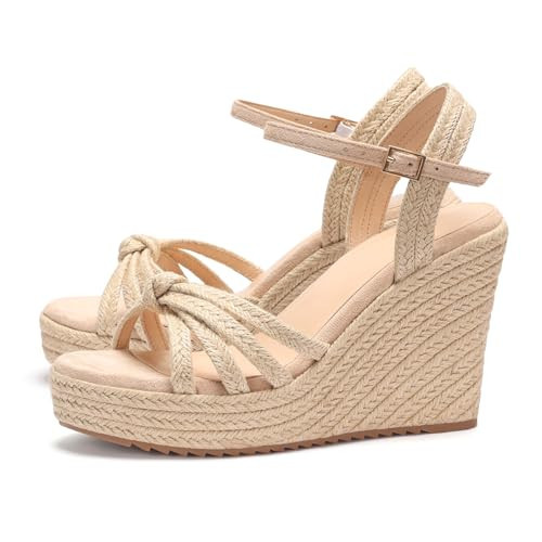 VICKI·VICKI Women's Platform Sandals Wedge Heels Espadrilles Wedges Sandals Apricot Beige Size 8 | Amazon (US)