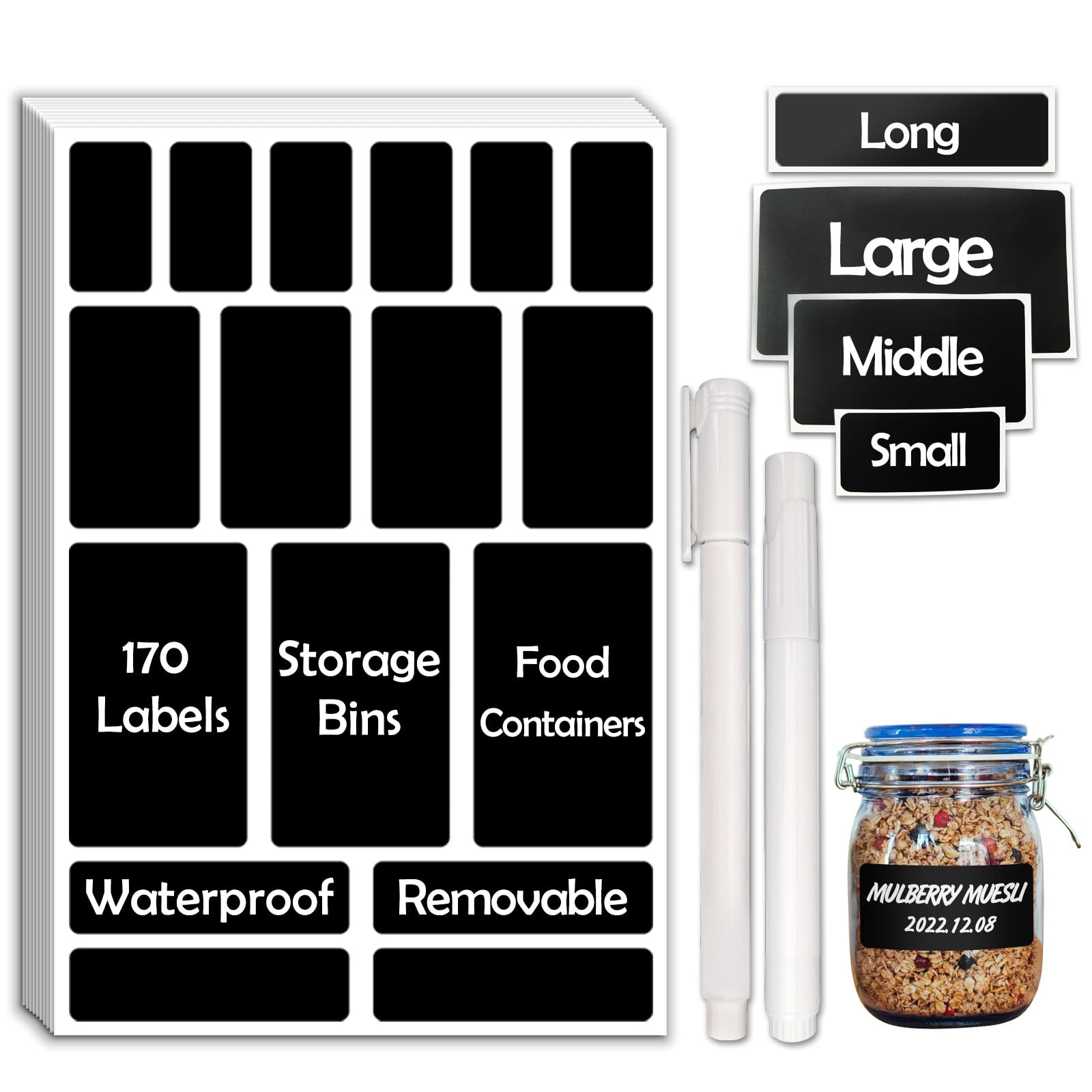 170Pcs Black Removable Labels for Jars,for Storage Bins,for Food Containers with 2 Liquid Chalk M... | Amazon (US)