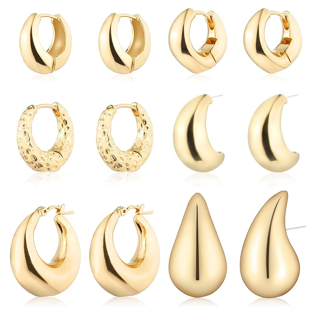 Wgoud 6 Pairs Gold Hoop Earrings Set for Women, 14K Gold Plated Hypoallergenic Lightweight Chunky... | Amazon (US)