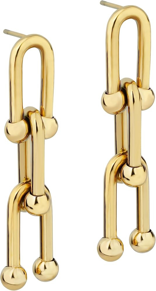 Gold Chain Dangle Earrings for Women - 18K Gold Plated Large Cuban Paperclip U Link Drop Earrings... | Amazon (US)