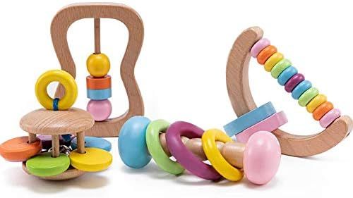 Promise Babe Montessori Wooden Rattle 4PC Preschool Educational Toys Baby Grasping Toy Perfect To... | Amazon (US)