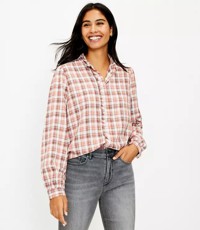 Plaid Ruffle Trim Shirt | LOFT