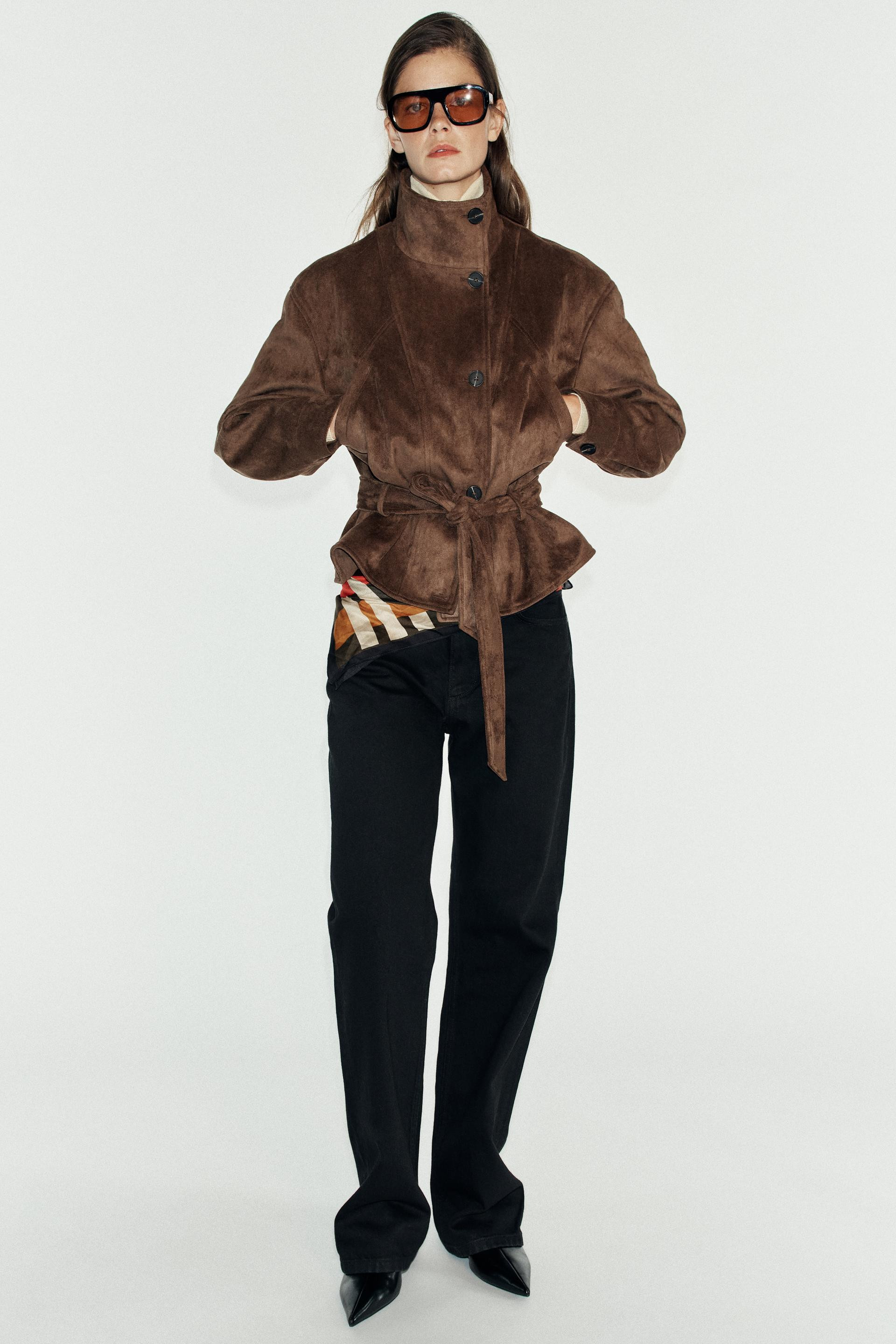 Zara - Faux Suede Belted Jacket - Dark Brown - L - Woman | Zara US