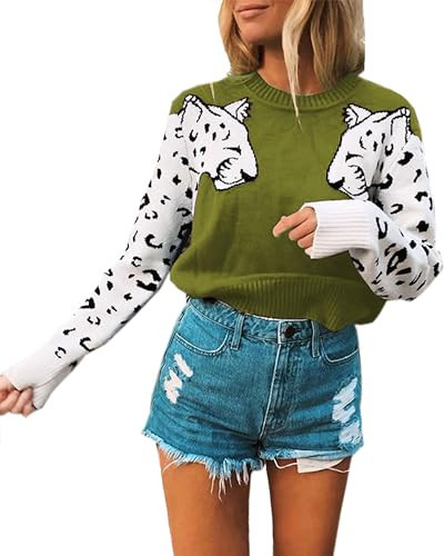 Mansy Women's Casual Long Sleeve Crew Neck Cute Animal Leopard Print Knitted Pullover Sweater Tops Green | Amazon (US)