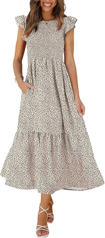OFEEFAN Women's Casual Maxi Dresses with Pockets Ruffle Sleeve Smocked Dress XS-2XL | Amazon (US)
