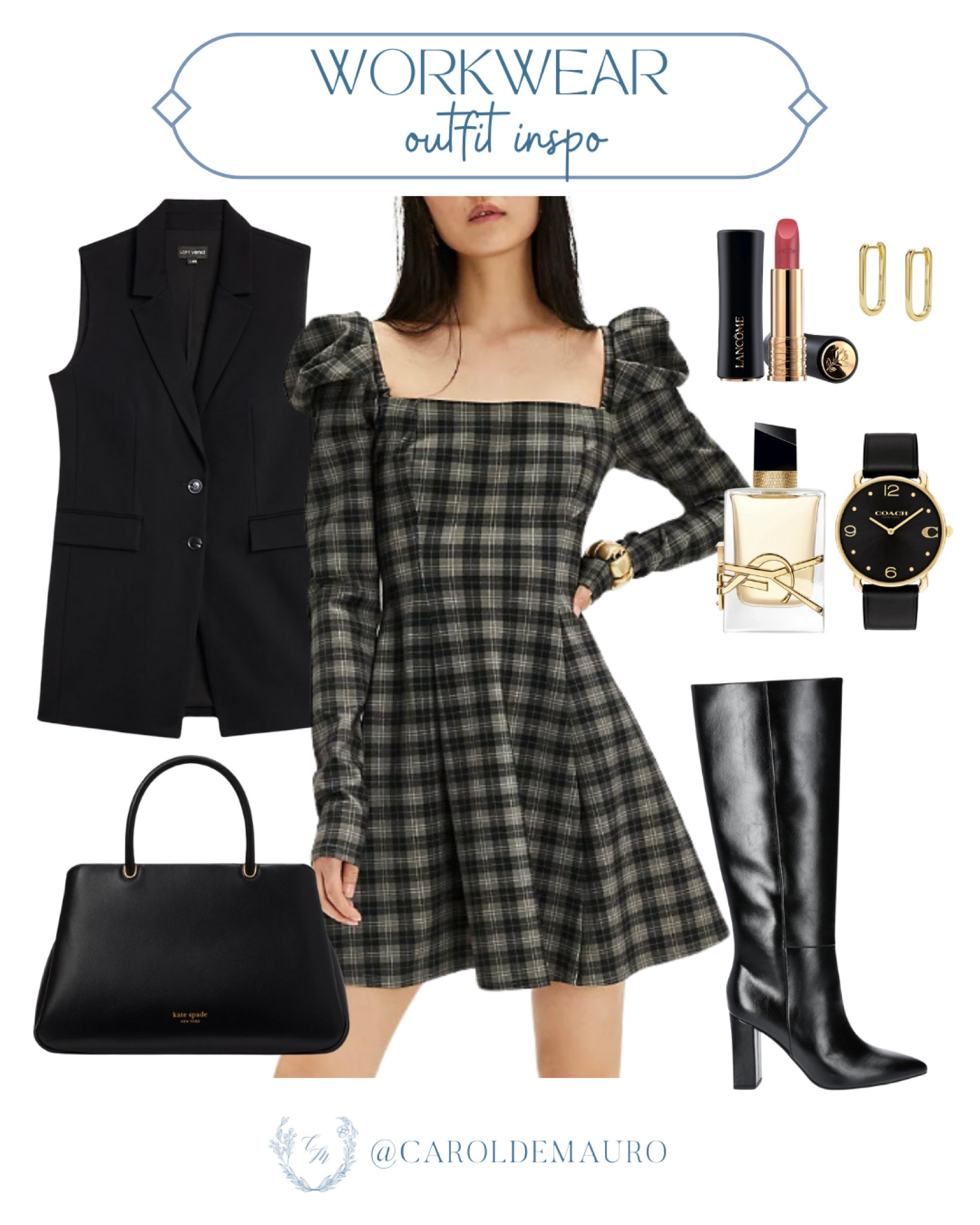 Nothing makes a workwear better like an all-black outfit inspo! Such a chic flare plaid ruffle long-sleeve mini dress paired with a sleeveless vest and leather knee-high boots. Wear some gold accessories for some texture and a pinkish nude lipstick to complete the look.
#officeoutfit #businesscasual #professionalstyle #luxuryhandbag

#LTKSeasonal #LTKStyleTip #LTKShoeCrush