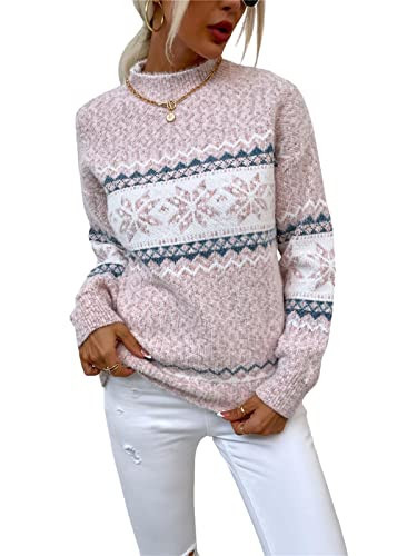 Traumaing Women’s Snowflake Christmas Sweater Casual Long Sleeve Knitted Pullover Sweaters Crewneck Loose Jumper Tops Pink S | Amazon (US)