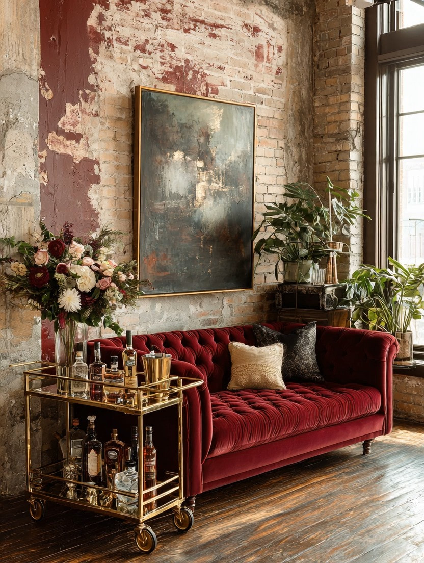 If you think simplicity can’t be bold — look again.

This is proof that one strong statement piece can define an entire room.

Start with:
• A deep burgundy velvet sofa
• A sleek gold bar cart
• One oversized abstract artwork in a gold frame
• Fresh greenery for contrast and life

That’s it.

No clutter.
No overthinking.
Just rich texture, warm metals, and intentional placement.

The velvet adds drama.
The gold brings light.
The greenery softens the edges.
The exposed brick? Instant character.

This is how you create a designer studio-style living room without filling every corner.

Unwind.
Entertain.
Pour a drink.
Let the space speak for itself.

Bold doesn’t mean busy.
Bold means confident.

#BoldInteriors #VelvetSofa #StudioStyle #DesignerLivingRoom #ModernGlam #StatementPieces #LuxuryAtHome 

 #LTKHome