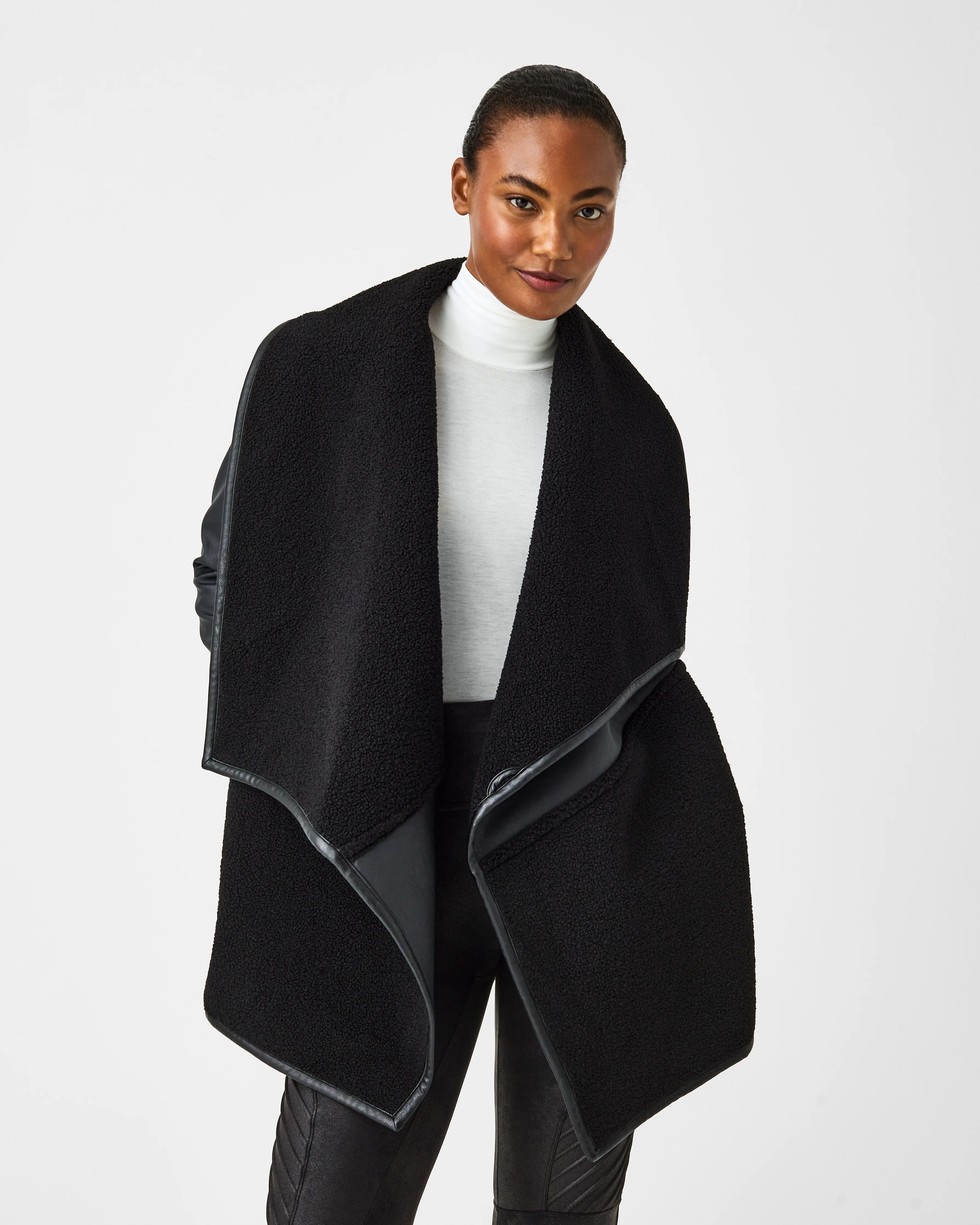 Fleece & Faux Leather Long Wrap Jacket | Spanx