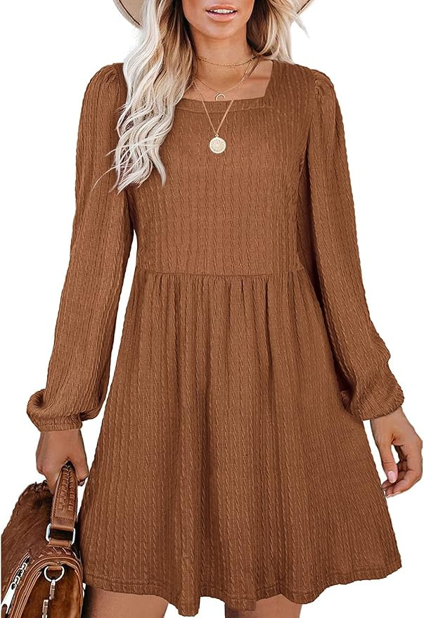 WEESO Womens Knit Dress Square Neck Long Sleeve Tunic Dresses | Amazon (US)