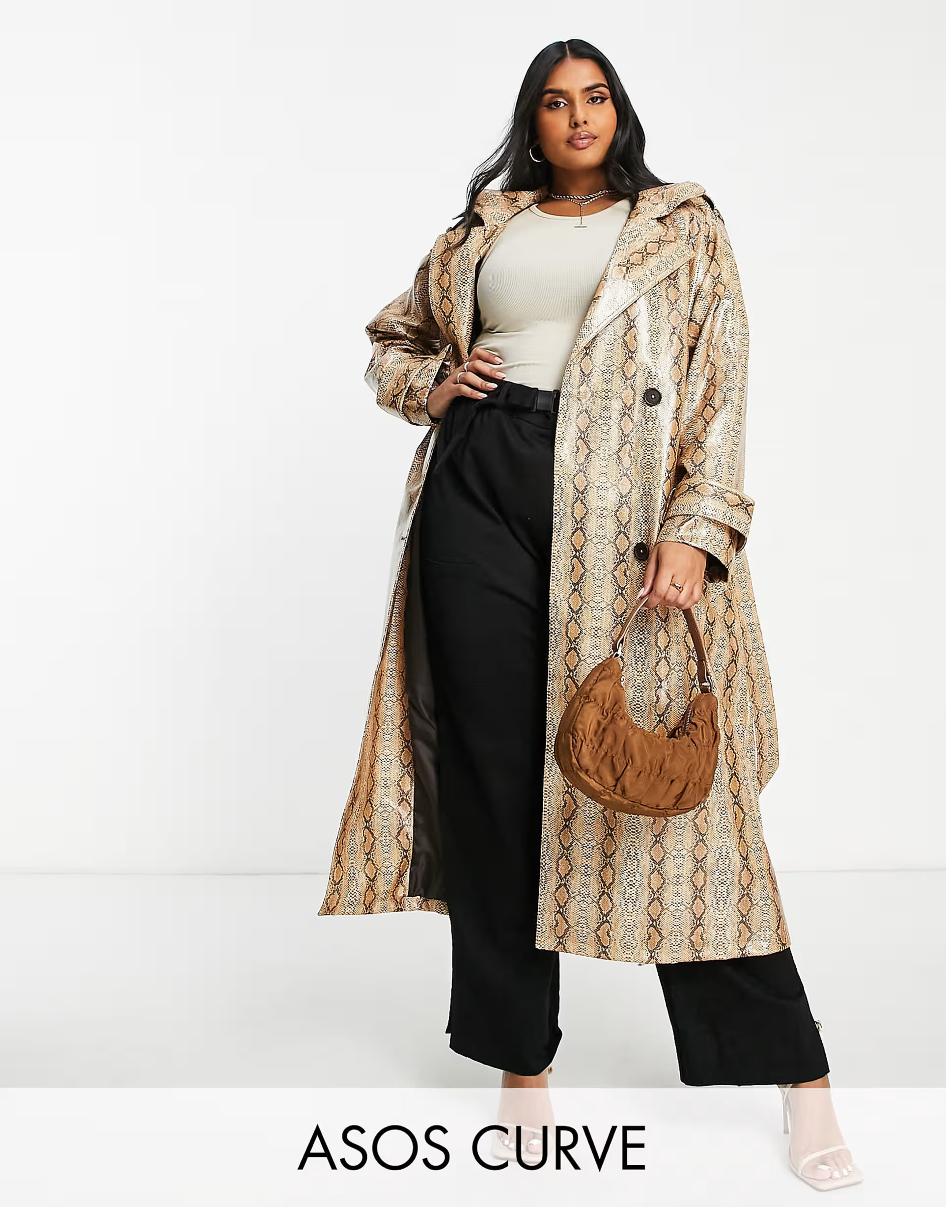 ASOS DESIGN Curve snake print trench coat in tan | ASOS (Global)