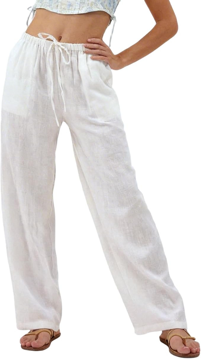 Amazhiyu Womens Pure Linen Summer Drawstring Flowy Wide Leg Pants with Pockets | Amazon (US)