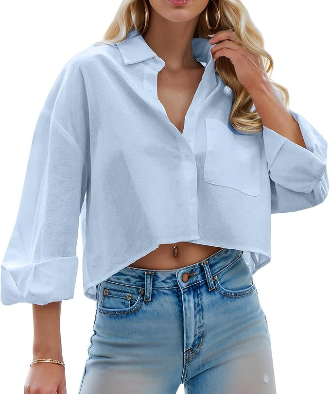 Women Cropped Button Down Shirts Long Sleeve Blouses Casual Work Crop Tops with Chest Pocket | Amazon (US)