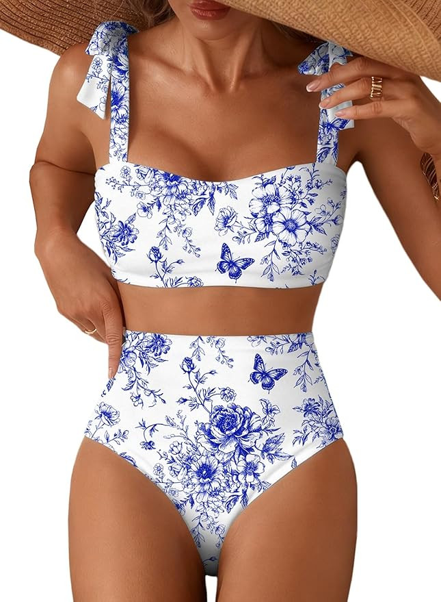 Herseas Women's Tie Shoulder Bikini Sets 2 Piece Striped Swimsuits High Waisted Bathing Suits | Amazon (US)