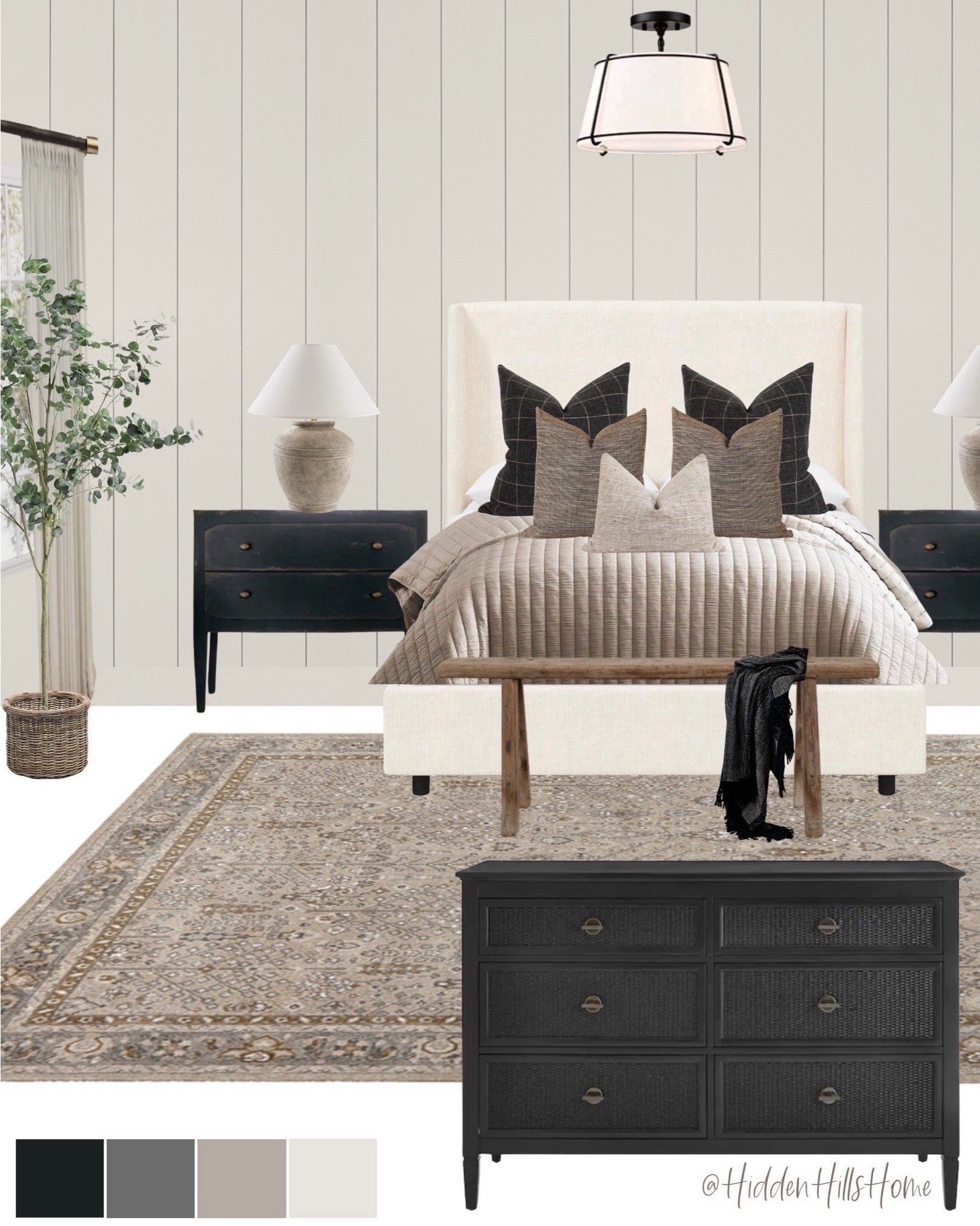 Bedroom decor, bedroom mood board, home decor ideas, master bedroom design, Tilly bed on sale, cozy bedroom, nightstands, rug #bedroom