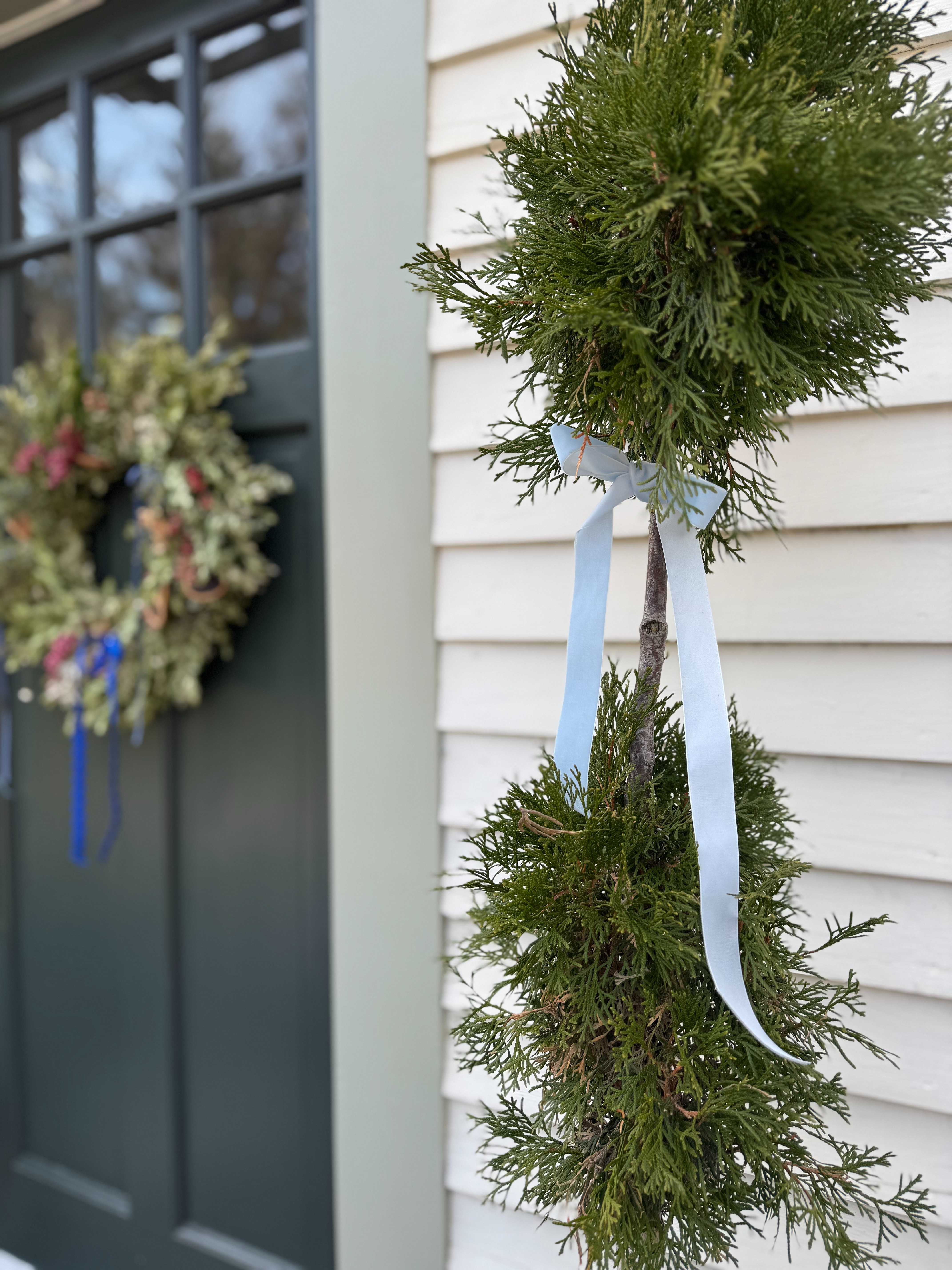 Bows aren't just for indoor Holiday Decor. I added some light blue velvet ribbon to our front door topiaries. 

Michaels Stores, Holiday Decor, Outdoor Holiday Decor, Christmas Decor, British Inspired Decor, Lowe's 

 #LTKHoliday #LTKSeasonal #LTKHome