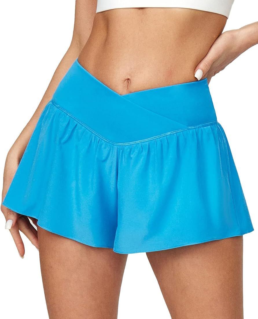Ewedoos Flowy Athletic Shorts for Women 2 in 1 Running Shorts with Pockets Crossover High Waisted... | Amazon (US)