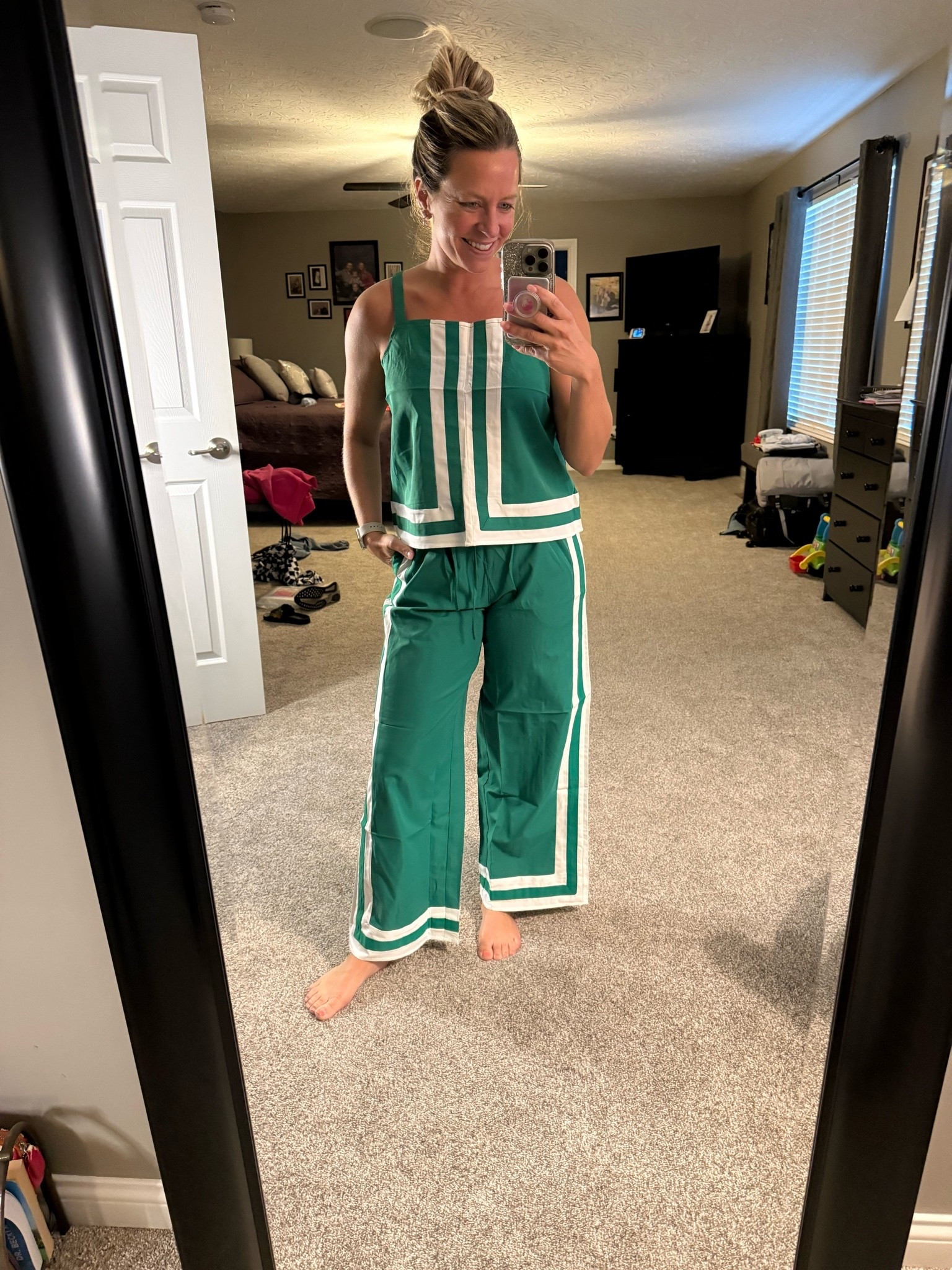 A fun set for spring, summer or an upcoming vacation!
The fabric is on the stiffer side, but not a deal breaker for me 😉 
Wearing my true size medium. It is long in the length (I’m 5’4) but I rolled the pants once for a more cropped length.

#LTKSaleAlert #LTKTravel #LTKSeasonal