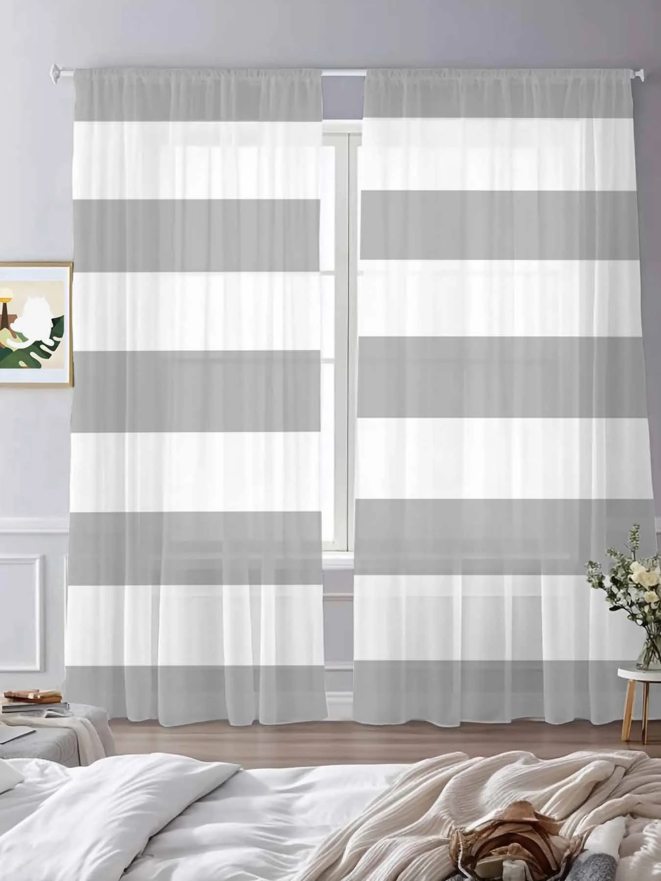 Grey White Stripes Simple Sheer Curtains 84 inches Long 2 Panels Set Geometric Tiers Sheers Rod P... | Walmart (US)