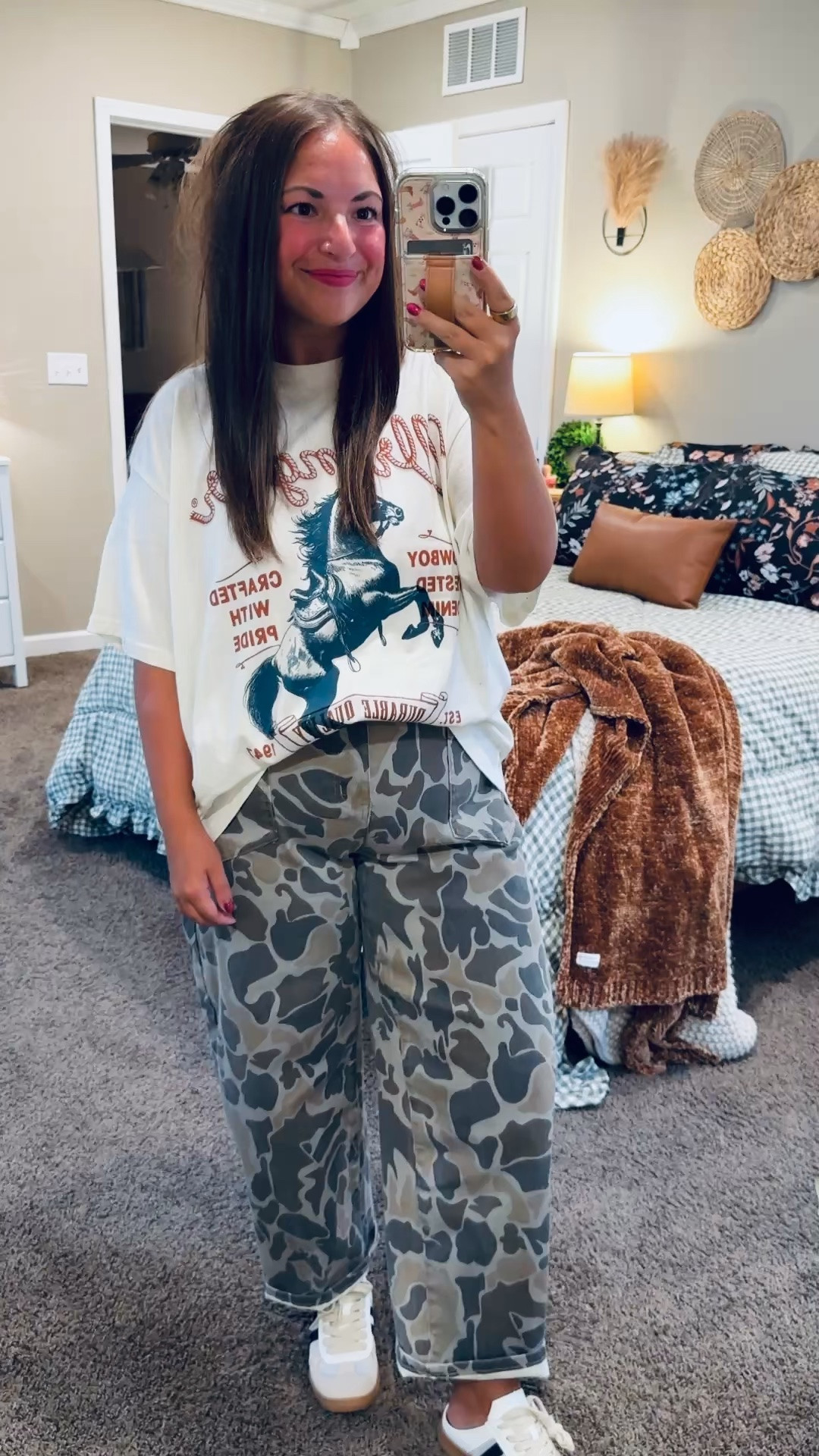 A western graphic tee, camo pants, and sneakers—such a fun casual outfit! 🤠 I love how the printed pants give this look a little extra personality. 🤍

sneakers: fit true to size // wearing a 4
jeans: fit true to size // wearing a large
tee: fits oversized // wearing a large 

 #LTKootd #LTKMidsize