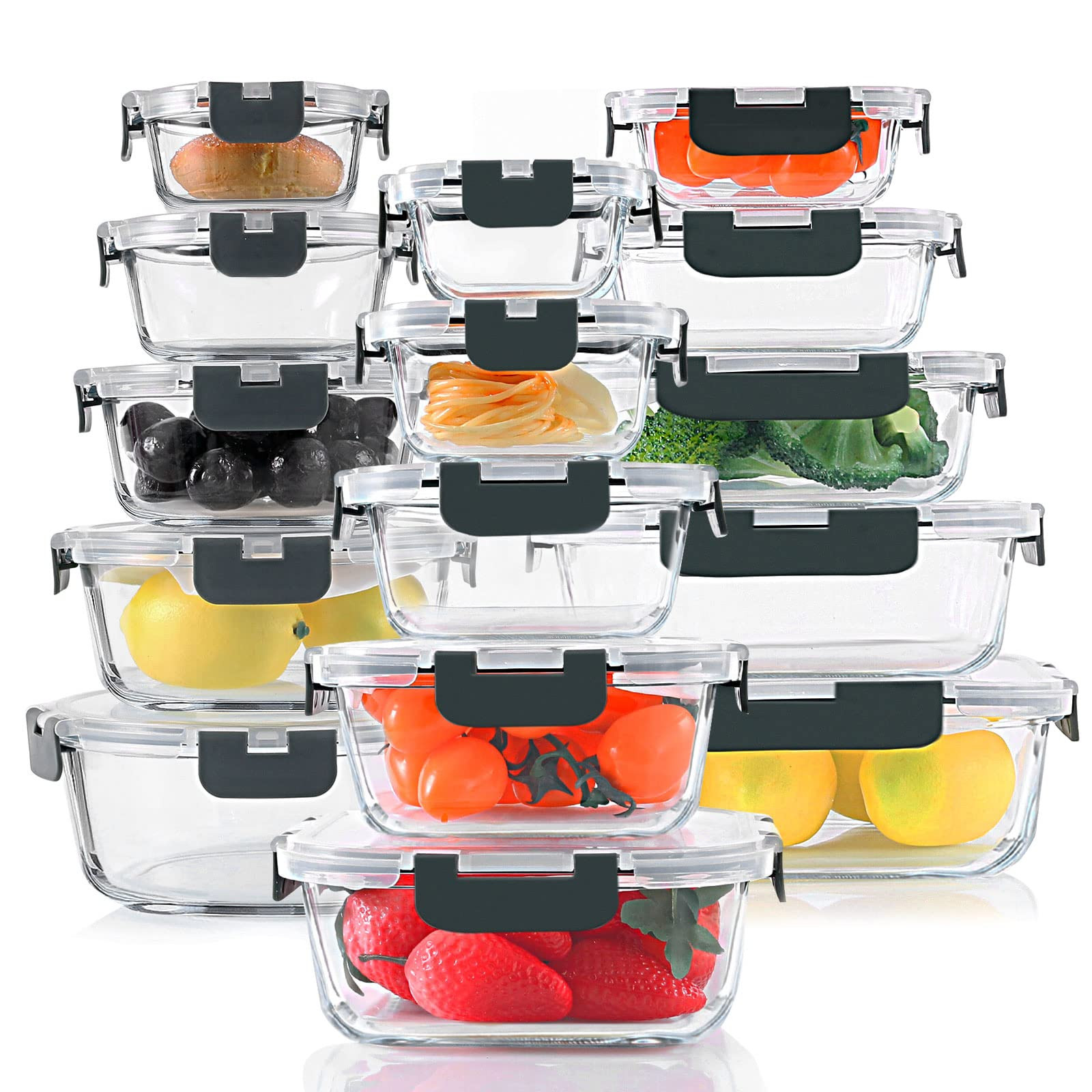 KOMUEE 30 Pieces Glass Food Storage Containers Set, Glass Meal Prep Containers Set with Snap Lock... | Amazon (US)