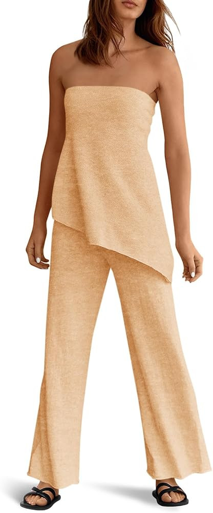 Tankaneo Womens 2 Piece Outfits Asymmetrical Tube Top Wide Leg Pants Knit Vacation Travel 2026 Ma... | Amazon (US)