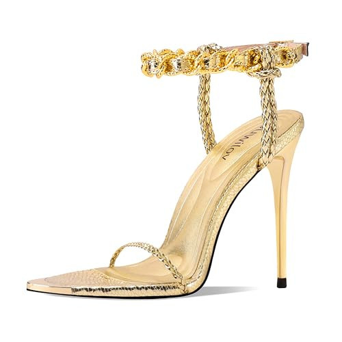 Ouwilov Gold Stiletto Heels for Women Strappy Metallic Ankle Strap Open Toe High Heel Sandals Elegant Dress Shoes for Wedding Party and Evening Wear | Amazon (US)