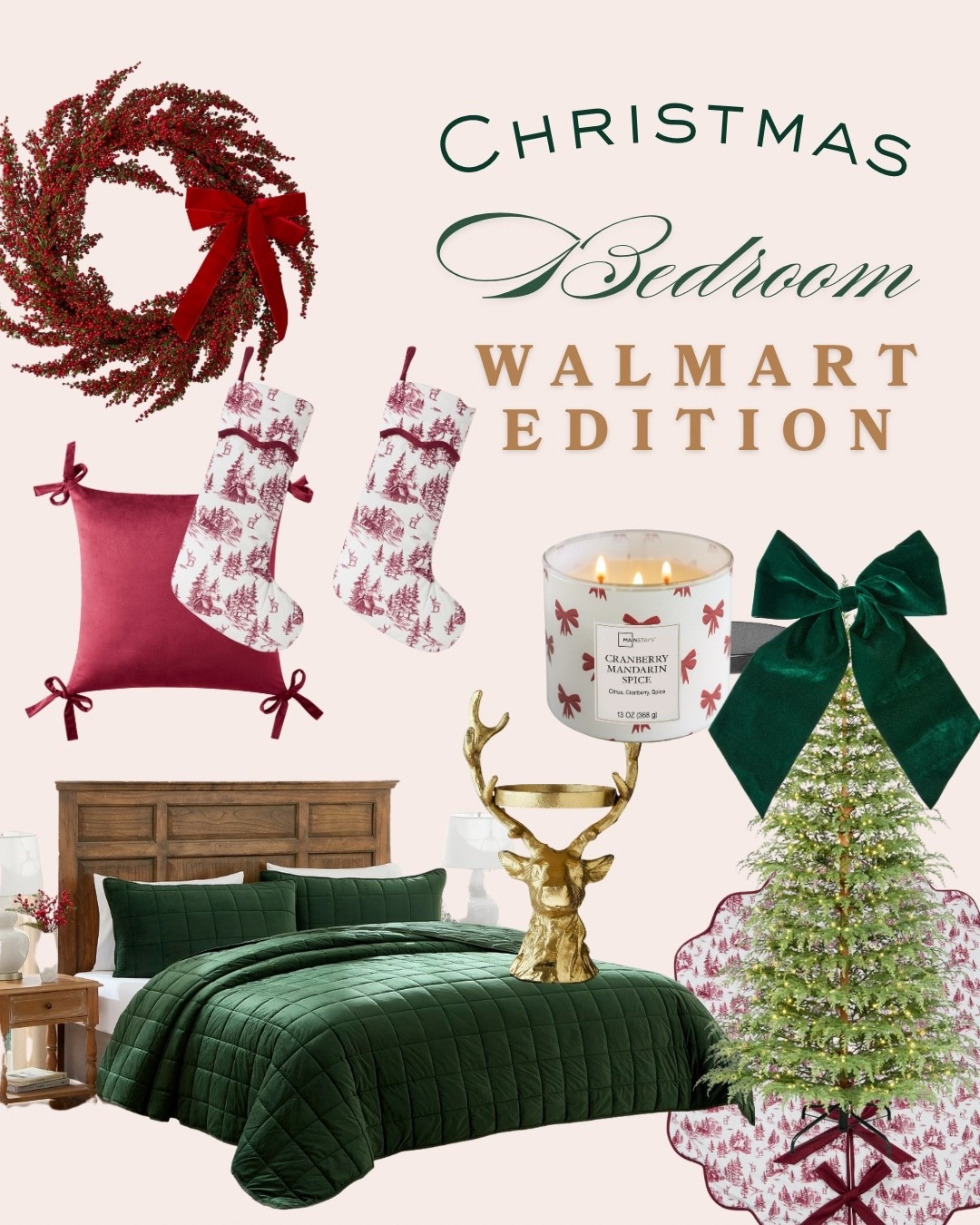 ✨ Christmas Bedroom Walmart Edition 🎄
Turn your room into a cozy holiday retreat with this velvet green quilt bedding set, cranberry red pillows, classic wreath, stockings, and tree skirt, all Walmart holiday décor finds. Affordable Christmas bedroom décor, timeless style, and cozy holiday home vibes!

Velvet bedding • Holiday home décor • Christmas bedroom inspo • Walmart finds • Affordable holiday style • Festive décor

#LTKFindsUnder50 #LTKHoliday #LTKHome