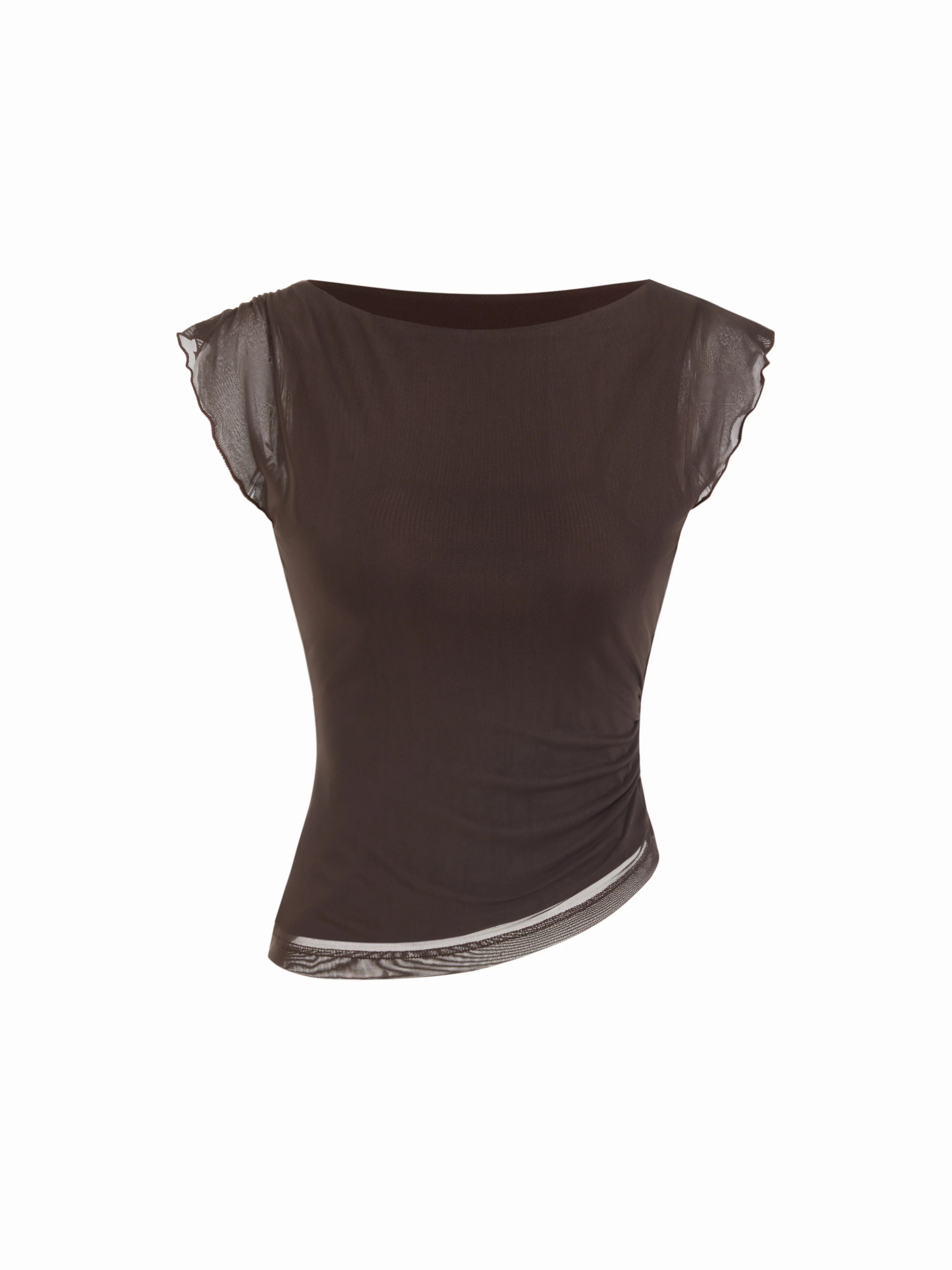 Mesh Mesh Boat Neck Lettuce Trim Ruched Top For Daily Casual Work | Cider