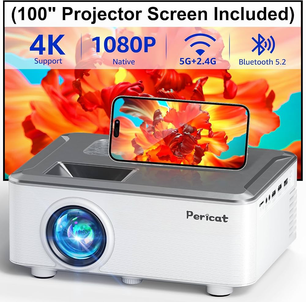 5G WIFI Bluetooth Projector with 100" Screen, 15000L Native 1080P Outdoor Projector, Pericat Home... | Amazon (US)
