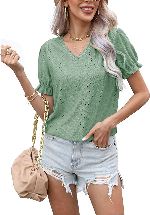Womens Lace Trim V Neck Shirts Puff Ruffle Sleeve Elegant Blouse Cozy Business Fashion Casual Tun... | Amazon (US)