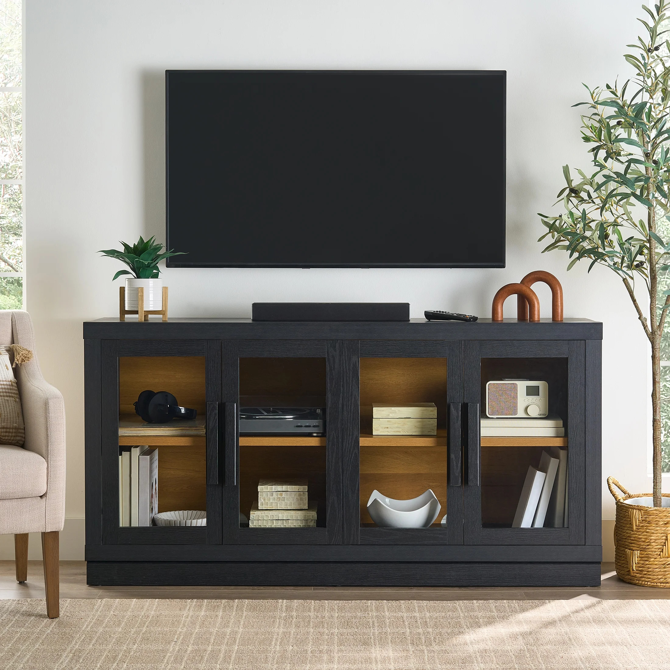 Better Homes & Gardens Ezra TV Stand for TV's up to 70", Rich Black finish | Walmart (US)