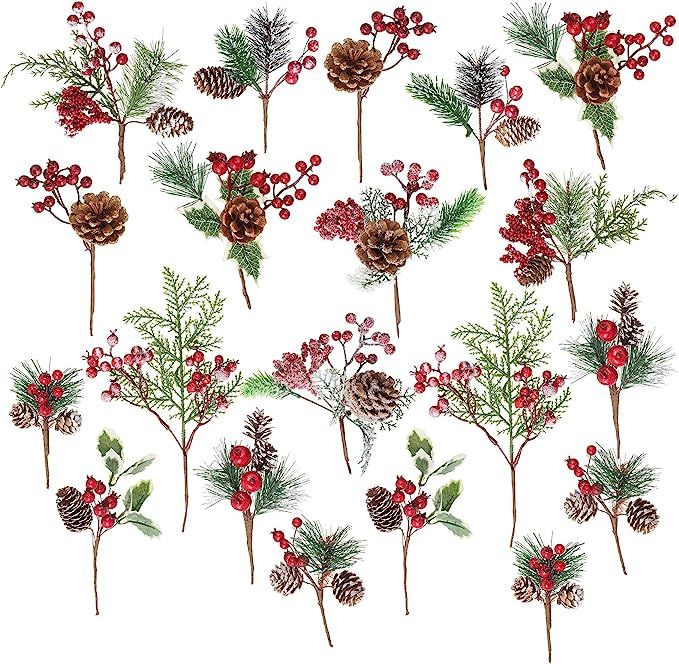 20 Pack Artificial Christmas Picks Assorted Red Berry Picks Stems Faux Pine Picks Spray with Pine... | Amazon (US)