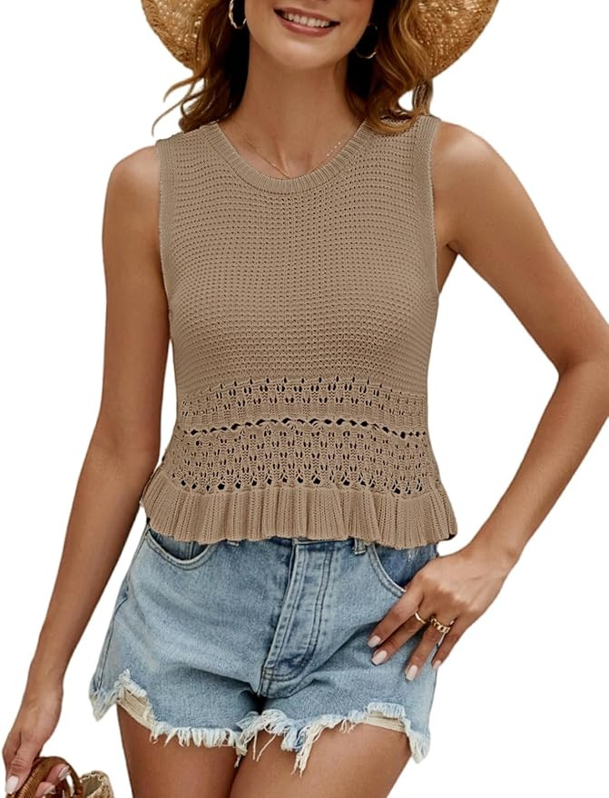 VIMPUNEC Womens Summer Crop Tank Tops Cute Knit Sweater Vest Crochet Sleeveless Pullover Top | Amazon (US)