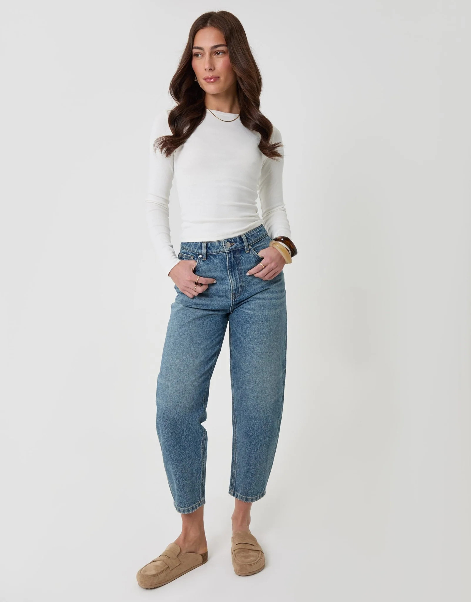 Tie Belt Barrel Leg Jeans in Mid Wash | Threadbare UK