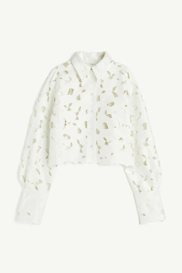 Satin Shirt with Eyelet Embroidery - White - Ladies | H&M US | H&M (US + CA)