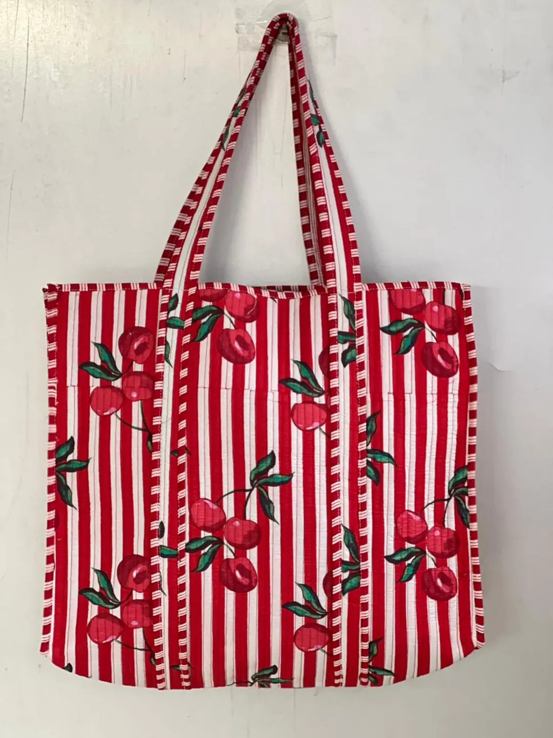 Red Cherry Print Quilted Tote Bag | Striped Cotton Shopper - Etsy | Etsy (Global)