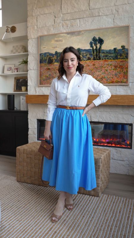 Here's a classic and timeless spring outfit idea! A blue midi skirt, crisp white oxford shirt and lovely camel accessories!
#oldmoneylook #modestoutfit #transitionalstyle #springfashion

#LTKSeasonal #LTKShoeCrush #LTKStyleTip