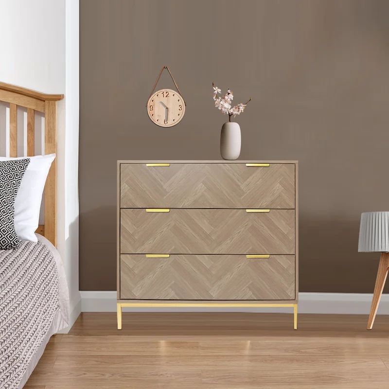 Bendt Modern 3 Drawer Chest Dresser, Mid Century Natural Oak Organizer Bedroom Furniture with Gol... | Wayfair North America