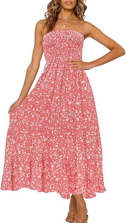 ZESICA Women's 2024 Summer Bohemian Floral Printed Strapless Beach Party Long Maxi Dress | Amazon (US)