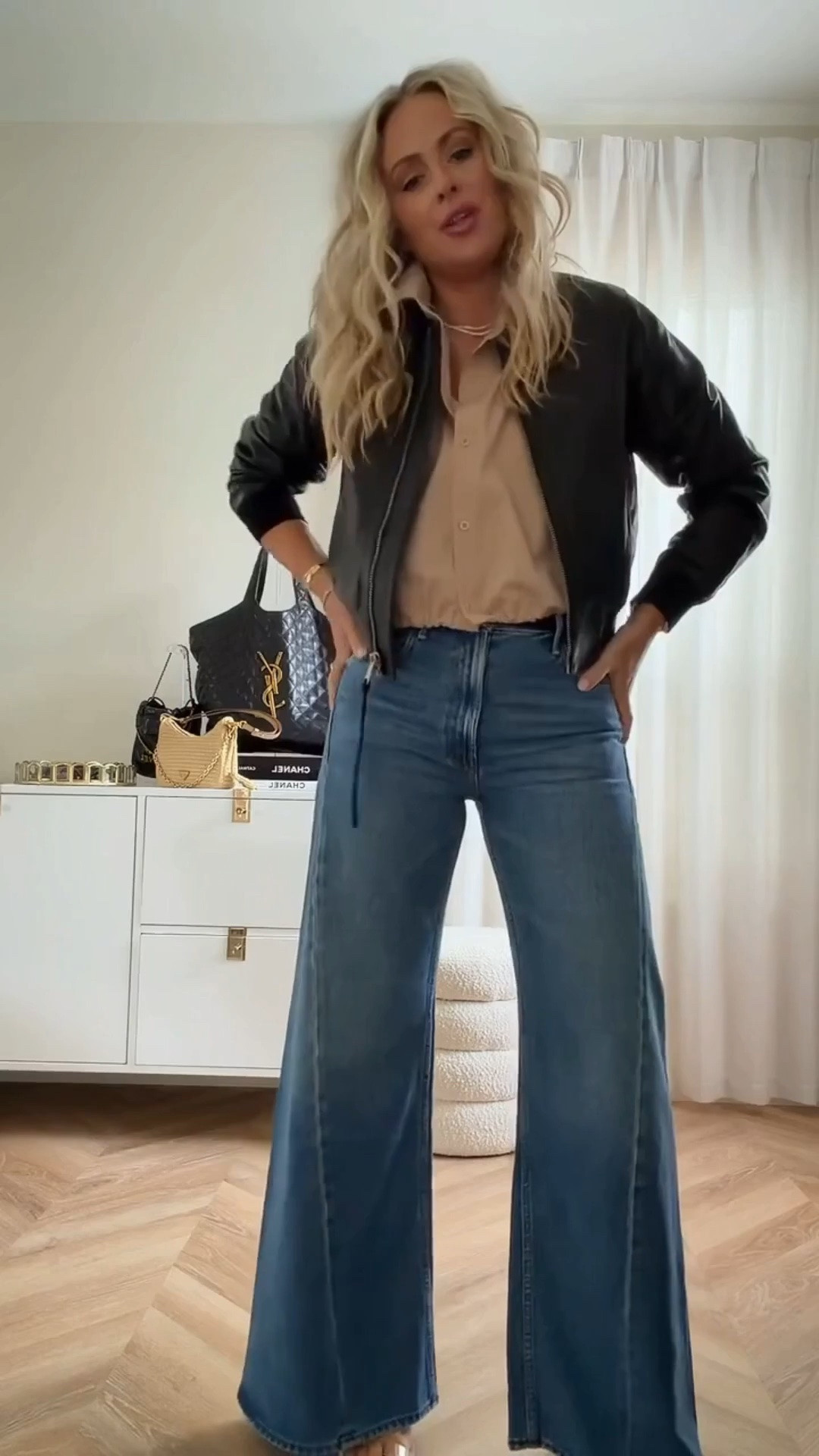 Girls’ dinner OOTD 🤍✨ 
Wearing my favorite Mother jeans (true to size 🙌🏼) with this Amazon blouse — I have it in a few colors and love it

Paired it with my go-to leather bomber for that effortless, put-together vibe ✨

dinner outfit, ootd, denim outfits, leather bomber, fall style

#LTKSeasonal #LTKootd #LTKActive
