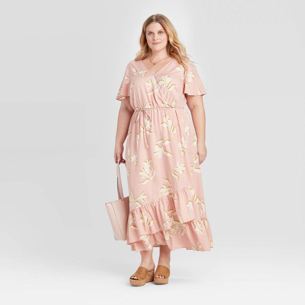 Women's Plus Size Floral Print Short Sleeve Wrap Maxi Dress - Ava & Viv Pink 1X | Target