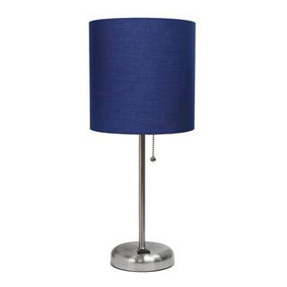 19.5 in. Navy Stick Lamp with Charging Outlet and Fabric Shade | The Home Depot
