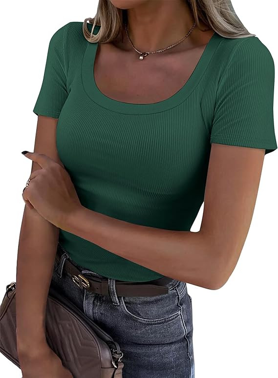 Womens Short Sleeve Tops Scoop Neck Ribbed Slim Fitted Basic Tee Shirts Cute Summer Tops Spring O... | Amazon (US)