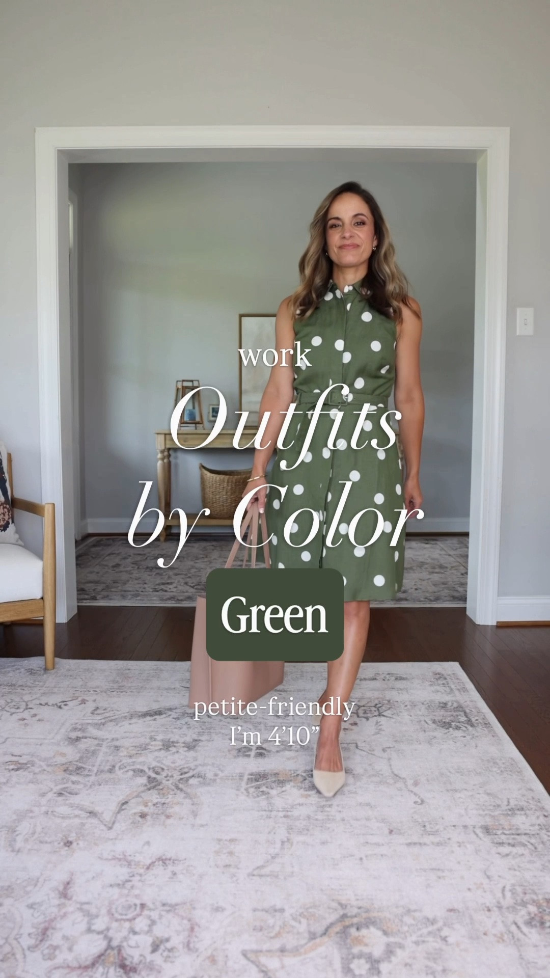 Work outfits by color series: green 

Outfit 1 
Dress: petite xxs 
Shoes: Sam Edelman 

Outfit 2 
Skirt: small in army green 
Cardigan: xs in heather oatmeal (sleeves cuffed) 
Tank top: xs in heather oatmeal 

Outfit 3 
Pants: petite 00 - true to size, but a voluminous fit through the legs. 27.5” inseam in petite 
Top: petite xxs

#LTKPetite #LTKWorkwear