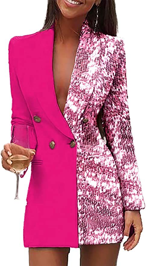 CHICME Women Fashion Colorblock Sequins Long Sleeve Double Breasted Bodycon Blazer Dress | Amazon (US)