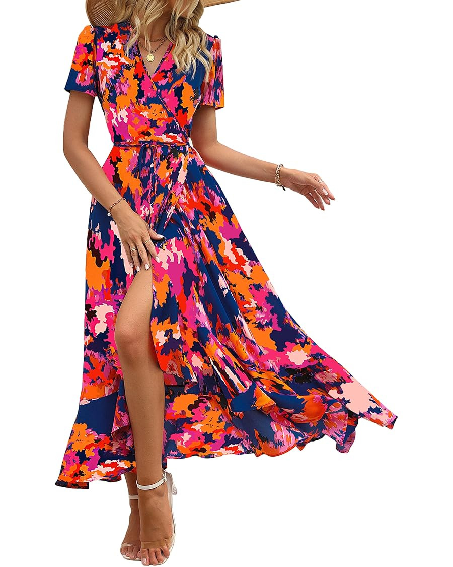 PRETTYGARDEN Women's Summer Wrap Maxi Dress Casual Boho Floral V Neck Short Sleeve Ruffle Hem Spl... | Amazon (US)