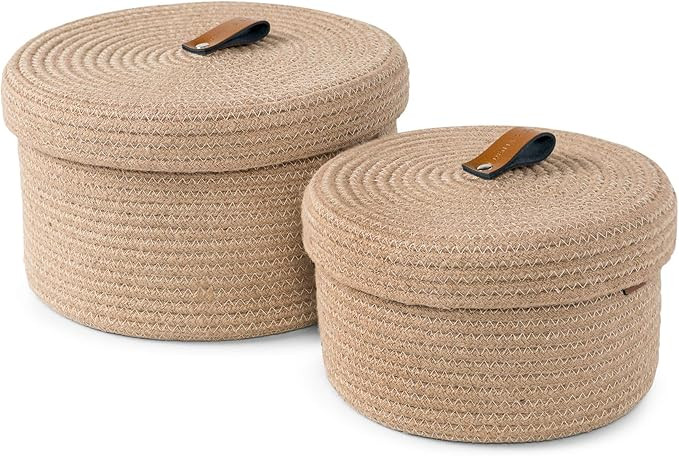 DENJA & CO Round Baskets with Lids - Set of 2 Decorative Jute Baskets with Lids for Organizing - ... | Amazon (US)
